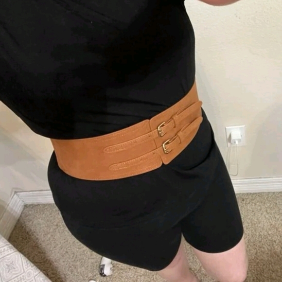 Boho Brown Wide faux suede leather double buckle corset waist elastic belt - Picture 7 of 12